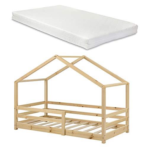 Cama para niños de Madera Pino Knätten con Colchón de Espuma Fría 70 x 140 cm Cama Infantil con Reja Protectora Casita Forma de casa Pino Natural