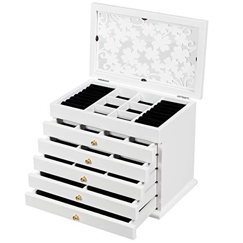 COSTWAY Caja para Joyas de 6 Niveles con 5 Cajones para Pendientes Collares Pulseras Joyero Organizador de Madera (Blanco)