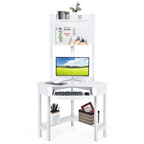 COSTWAY Escritorio Rinconera para Ordenador con Aparador, Mesa de Trabajo Esquinera Salva Espacio con Bandeja para Teclado y Repisas, Escritorio Triangular con Librería 70 x 70 x 172 cm