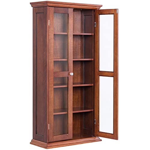 COSTWAY Estantería de CDs de Doble Puerta, Mueble de Almacenamiento de Madera Rústica con Puerta de Vidrio Templado y Estantes Ajustables, Gabinete de Exhibición para 100 CDs, DVDs, 56x24x113 cm