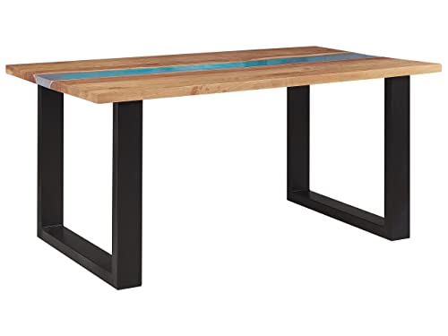 Mesa de comedor tablero de madera maciza clara 160 x 90 cm base de metal negro elemento de resina epoxi azul estilo industrial Riviere