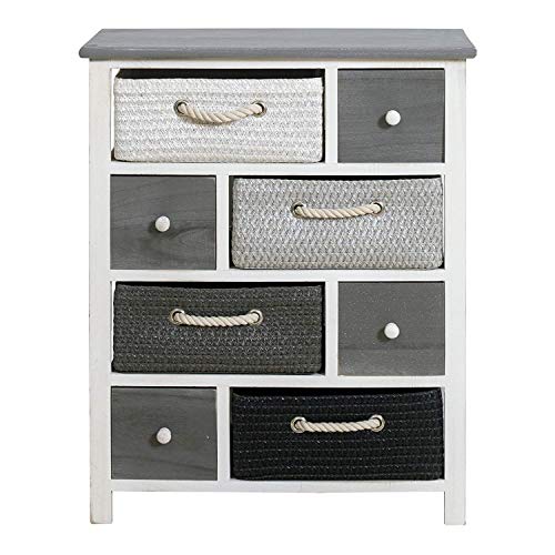 Rebecca Mobili Cajonera auxialir con 4 cestas de Mimbre y 4 cajones, Muebles Industrial Multiusos, Madera, Entrada, Gris Blanco. - Medidas: 68 x 56 x 27 cm (AxANxF) - Art. RE4325