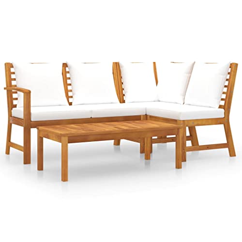 vidaXL Muebles de Jardín 4 Piezas Cojines Mobiliario Exterior Hogar Cocina Terraza Mesa Silla Asiento Suave con Respaldo Crema Madera Maciza de Acacia