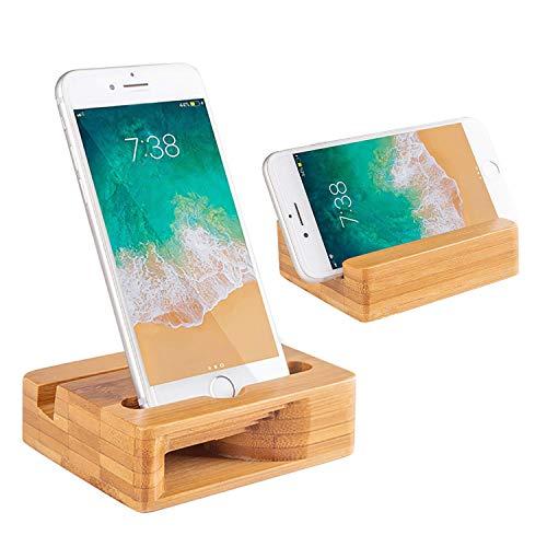 Encozy Soporte de madera para teléfono, soporte de teléfono de bambú, soporte para teléfono celular con amplificador de sonido, soporte de escritorio de madera de bambú natural (soporte de sonido)