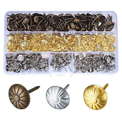 450 Piezas Clavos para Tapicería, Chinchetas Decorativas para Muebles, Clavos Decorativos para Empujar, Chinchetas para Puerta, Sofá, Silla, Sillón, Cama Antigua - 11x17 mm/Bronce, Oro, Plata