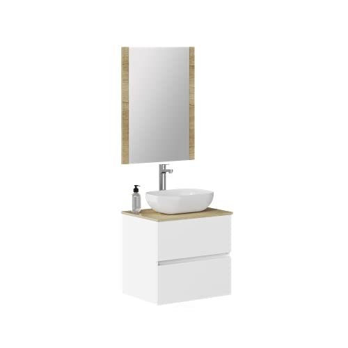 Baikal Conjunto de Mueble de baño Duo, Incluye Lavabo y Espejo. Mueble Suspendido en Pared con Lavabo cerámico. Varios Acabados y Medidas Mueble MONTADO. 2 cajones 60 Blanco