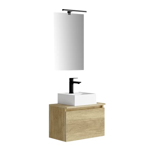 Baikal MAIA, Conjunto de Mueble de Baño. Mueble pequeño con Lavabo cerámico. Mueble Suspendido en Pared. Opción con Espejo y con Aplique LED. Mueble MONTADO. con Espejo y Aplique LED Nature