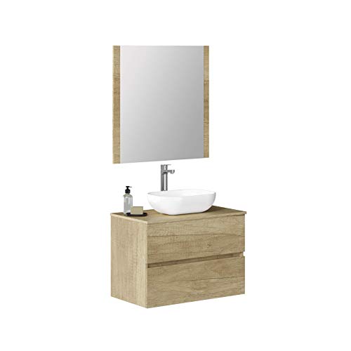 Baikal Mueble de Baño Onyx, 2 cajones, suspendido en Pared, con Lavabo cerámico. Mueble Montado, Melamina 16,Mueble F46 + Top + Lavabo + Espejo 80 cm Nature