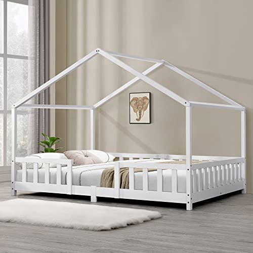 Cama para niños de Madera Pino 120 x 200 cm Casita hasta 200 kg Cama Infantil con Reja Protectora Forma de casa Blanco Mate Lacado