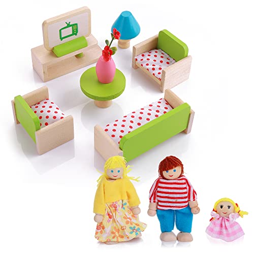 cobee Mini juego de muebles de madera para casa de muñecas, 12 piezas de muebles de casa de muñecas en miniatura con 3 figuras de muñecas familiares, accesorios de sala de estar