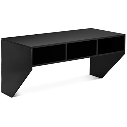 COSTWAY Escritorio Flotante para Ordenador Montado a la Pared, Mesa de Madera para PC Trabajar y Estudiar con 3 Compartimientos para Dormitorio/Salón, Fácil de Montar (Negro)