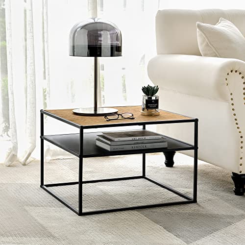 [en.casa] Mesa Auxiliar con Estante Mesa de Noche Cuadrada Polivalente Salón Dormitorio Metal Aglomerado 40 x 55 x 55 cm Negro Efecto Madera