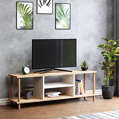 [en.casa] Mueble TV Mesa de Televisión con 2 Compartimientos Salón Dormitorio Aglomerado/Madera de Haya 43 x 120 x 29 cm Efecto Madera/Blanco