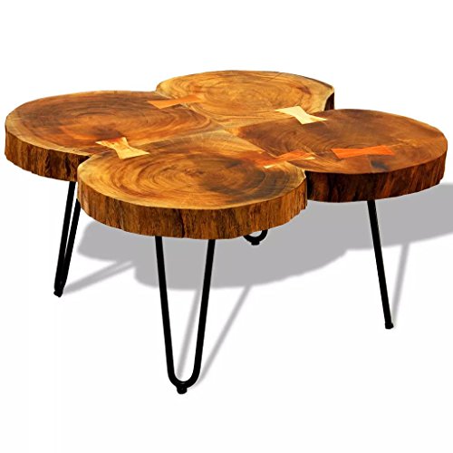 Festnight Mesa de 2 Troncos Centro con Patas de Hierro,Mesa Auxiliar,Madera Maciza de Sheesham, 65x65x35cm,Marrón