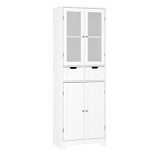 HOCSOK Mueble Columna de Baño, Mueble Auxiliar de Almacenaje con 4 Puertas y 2 Cajones, Armario de Madera de Suelo para Entrada, Salón y Cocina, Blanco, 60 x 30 x 170cm