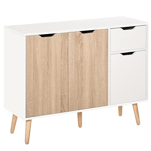 HOMCOM Aparador Auxiliar Mueble de Almacenaje de Salón con 2 Armarios con Puertas y Cajón de Madera para Sala de Estar Cocina Dormitorio 90x30x72 cm Blanco y Natural