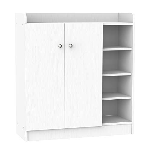 HOMCOM Zapatero Armario Madera Mueble Zapatero Gabinete 2 Puertas 4 Estantes Baldas Interiores Ajustables 83x30x90cm Blanco