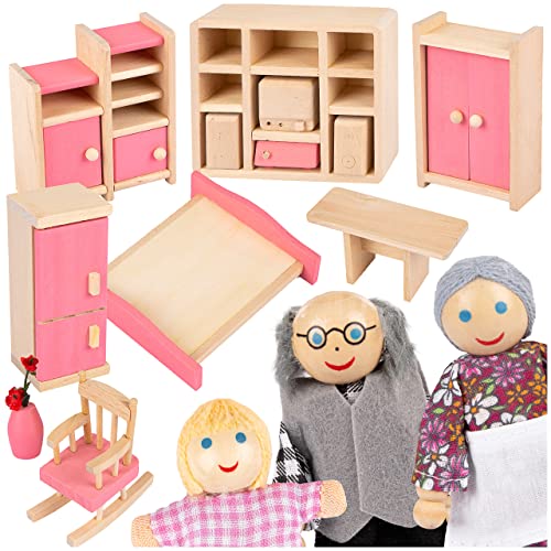 Kinderplay Muebles Casa de Muñecas Madera- Kit de Accesorios Casa de Muñecas 11 Elementos, Incluye Muñecas, Armario, Cómoda, Flores. Figura de la Abuela, el Abuelo y el Niño, modelo GS1230