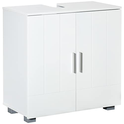 kleankin Mueble para Debajo del Lavabo Armario Baño de Suelo de Madera con 2 Puertas y Estante Ajustable Interior Moderno 60x30x60 cm Blanco