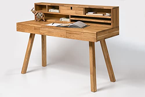 Nordic Story Mesa Escritorio Estudio con 3 Cajones y Estanteria Flotante de Madera Maciza Roble, Ideal para Ordenador PC Oficina, Muebles Estilo Nordico Moderno 140 x 55 x 106 cm. (Roble Natural)