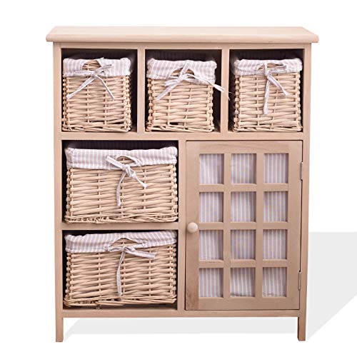 Rebecca Mobili Aparador Multiusos Ahorra Espacio, cómoda con 1 Puerta, 5 cestas de Mimbre, paulonia, Beige, Estilo Country, Muebles baño Cocina - Medidas: 70x60x30 cm (AxANxF) - Art. RE4444