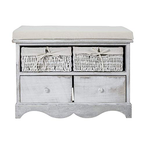 Rebecca Mobili Banco para Entrada, Banco de Madera con Asiento, 2 cajones, 2 cestas de Mimbre, Blanco Gris, en Mal Shabby, para Pasillo baño - Medidas: 46 x 62 x 33 cm (AxANxF) - Art. RE4039