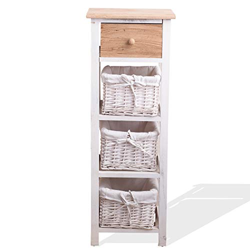 Rebecca Mobili Mueble baño, cajonera Estilo Country, 1 cajón 3 cestas, Madera de Paulownia Mimbre, marrón Blanco, Cuarto de baño Dormitorio- Medidas: 85 x 31 x 27 cm (AxANxF) - Art. RE4359