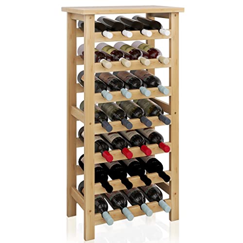 SMIBUY Botellero de bambú, Soporte para 28 Botellas con Parte Superior de Mesa, estantes de Almacenamiento Independientes de 7 Niveles para Cocina, despensa, Bodega, Bar (Natural)