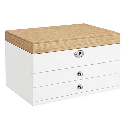 SONGMICS Caja de Joyas de 3 Niveles, Organizador de Joyería de Madera, Caja Joyero con Cajones, Forro de Terciopelo, Madera de Ingeniería, para Anillos, Pendientes, Pulseras, Collares, Blanco JOW15WN