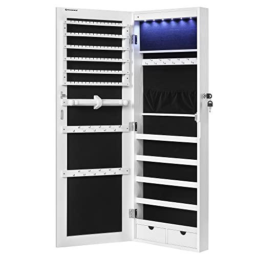 SONGMICS Espejo Joyero de Pared, Espejo Joyero Colgante sin Marco, Armario de Joyas con 6 Leds para Colgar en la Pared o en la Puerta, Gran Capacidad con 2 Cajones, Blanco JJC99WT