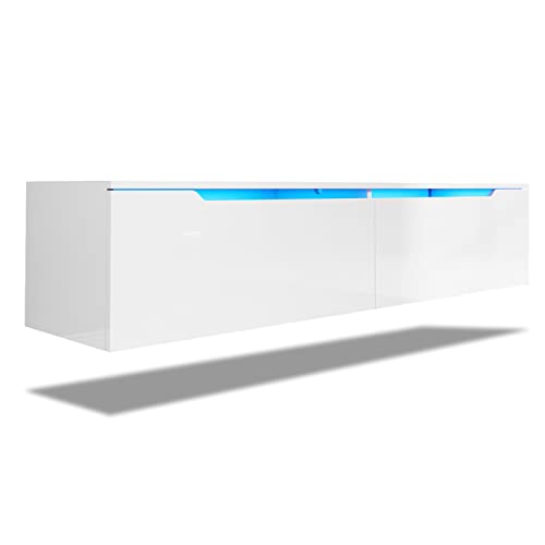 SONNI Mueble TV Suspendido Blanco Brillo con Luces 12 Colores,Mueble de Salón con LED Madera 2 Puertas Abatibles 140 cm