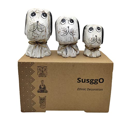 SusggO Set 3 Figuras Perros de Madera – Perro Decorativo – Figura Perro Decoracion- Perros Miniatura - Perrito - Artesania – Decoracion Hogar – Idea Adorno Mueble (Blanco Mod 1)