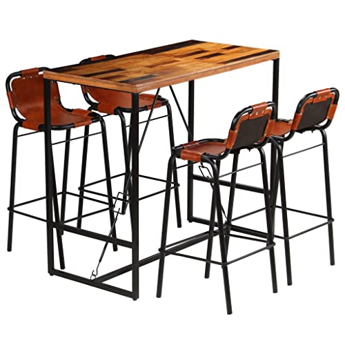 vidaXL Set Muebles Bar 5 Piezas Madera Reciclada Cuero Mesa Mesilla Taburete