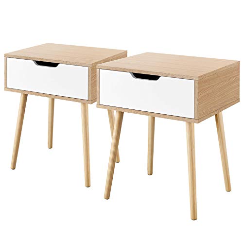 Yaheetech 2pcs Mesitas de Noche con Cajón 48,5x41x57,5cm Mesillas de Noche de Madera Pino para Dormitorio Mesas Auxiliares de Estilo Nordicos para Sala de Estar