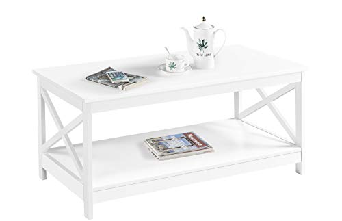 Yaheetech Mesa de Centro con Revistero Mesa de Café de Madera Lacada 100x50x45cm Mesa Baja con Estante para Salon Blanca