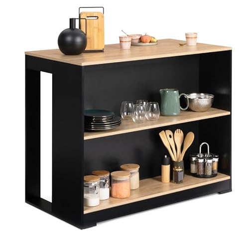 IDMarket – Mesa de bar con isla Juno de madera negra y bandeja con forma de haya