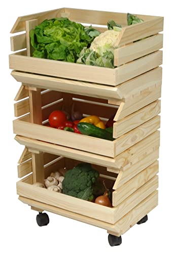 Juego de cajas apilables para verduras con ruedas, 3 cajas de madera, estantería, horda de frutas, caja de patatas, madera natural, con instrucciones de montaje (idioma español no garantizado)