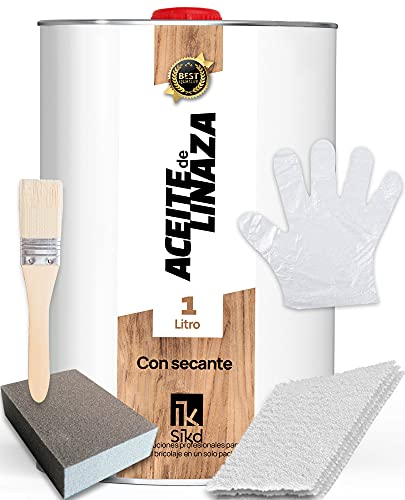 SIKD – Kit Aceite de Linaza para Madera (1L). Aceite para Madera con Secante. Protector Madera Exterior de Forma Natural. Secado Rápido.