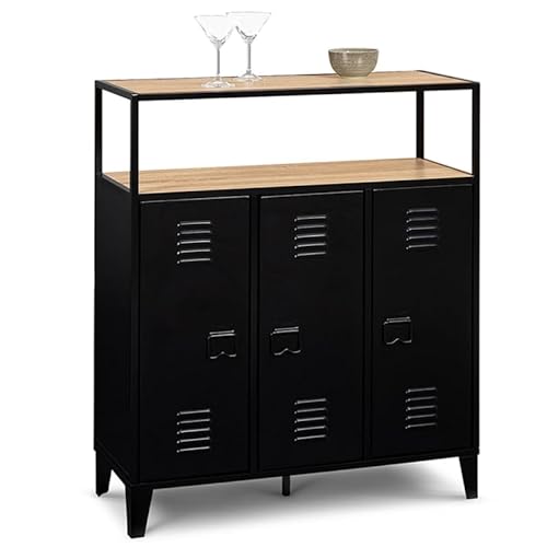 IDMarket – Mueble de bar aparador Ester con 3 puertas de metal negro y bandeja madera de haya