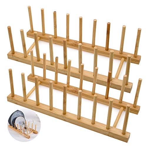 LZYMSZ Juego de 2 escurreplatos de madera de bambú, soporte para platos, soporte para tapa de ollas, organizador de armario de cocina para cuencos, tazas, tabla de cortar y más