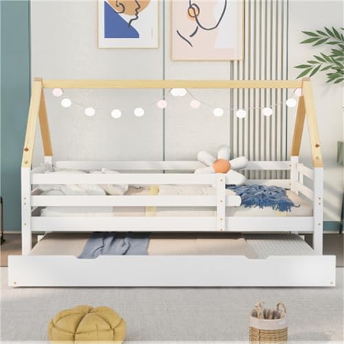 Cama Infantil Treehouse con Cama Nido extraíble y Valla perimetral para protección contra caídas, Cama Individual, Cama Junior, Madera Maciza, Blanco + Natural,200x90cm