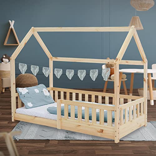 ML-Design Cama Infantil Color Natural 80x160cm En Madera De Pino Maciza Reja Protectora Anticaída Techo y Somier Listones Forma De Casa Mueble de Dormitorio para Niños