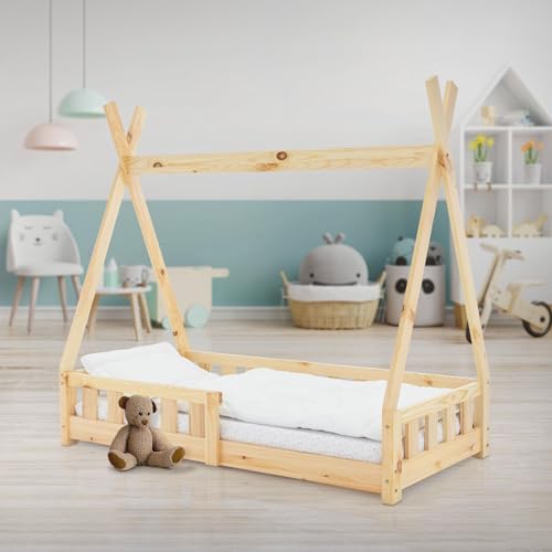 ML-Design Cama Infantil Tipi 70x140 cm con Protección Anticaída y Somier Estructura Listones de Madera de Pino Maciza Color Natural Forma de Casa Mobiliario Juego Tienda de Campaña para Niños