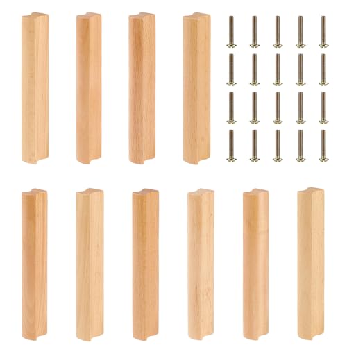 SWAWIS 10 Piezas Tiradores de Madera 128mm, Pomos de Madera para Muebles con Tornillo, Haya Tirador de Cajón para Puertas, Tiradores de Cajones, para Armarios Cajones Muebles Cocinas