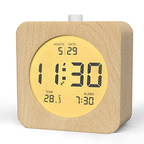 aboveclock Reloj Digital, Despertador de Madera con Temperatura, Indicador de Fecha, Reloj de Mesa con Luz Nocturna Y Módulo de Repetición, Despertador Que Funciona con Pilas