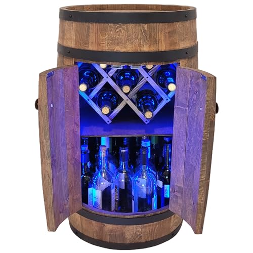 Barril de madera con puerta y soporte para vino, iluminación LED RGB, estantería para vinos, 80 cm, decoración rústica, armario de bar, soporte para vino, cerveza de barril, whisky, vino, cerveza