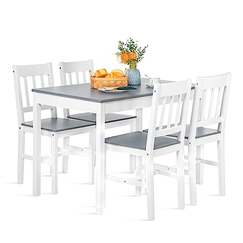 FURNITABLE Juego Mesa y 4 Sillas de Comedor Cocina Salón,Madera Pino Moderno Mesa Cocina con Sillas 108x65x75cm Gris y Blanco