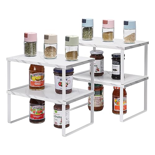 Nandae Juego de 4 Organizador Cocina Estanteria Cocina, Organizador Armarios Cocina Apilable para Encimera, Gabinete, Estantes de Almacenamiento para Alimentos y Cubiertos (patrón Blanco)