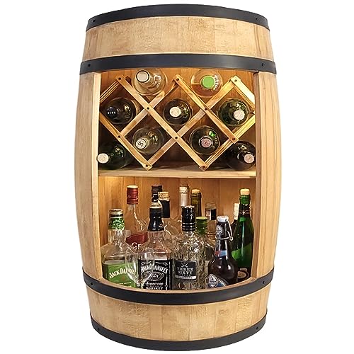 weeco Barril de madera con soporte para vino e iluminación LED, 80 cm, decoración rústica, armario para vino, barril de cerveza de barril, soporte para botellas de vino, regalo de bar whisky (marrón