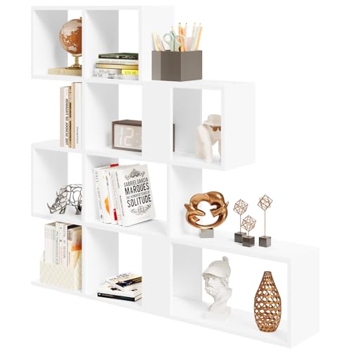 eSituro Librería de 4 Niveles, Estantería para Libros con 11 Compartimentos, Estantería en Escalera, Estantería Separador de Espacios, para Salón, Dormitorio, Oficina, 115x19,5x109,5 cm, Blanco